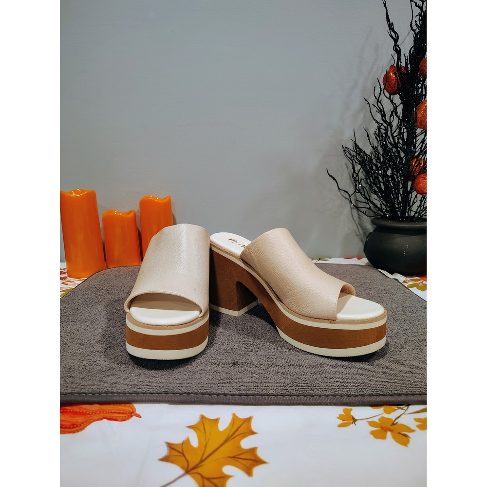 MiiM Womens Cream Faux Leather Platform Slide Sandals Block Heel Mules Open Toe